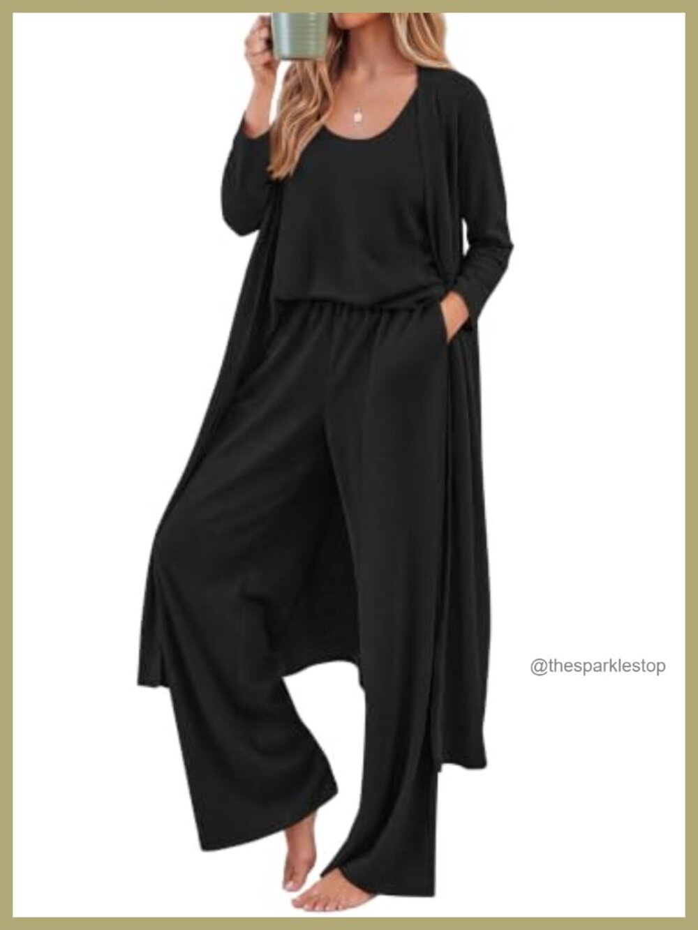 Women's 3 Piece Lounge Set Cardigan Tank Wide Leg Pants Travel Outfit